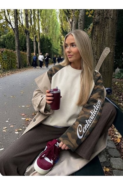 Kamuflaj Baskılı Reglan Kol Renk Bloklu Oversize Uzun Kollu Tshirt