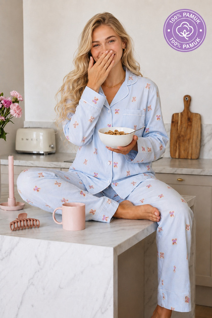 Shirt Collar Long Sleeve Front Heart Button Pocket Detailed Mini Teddy Bear Patterned Women's Pajama Set with Pants Premium Cotton