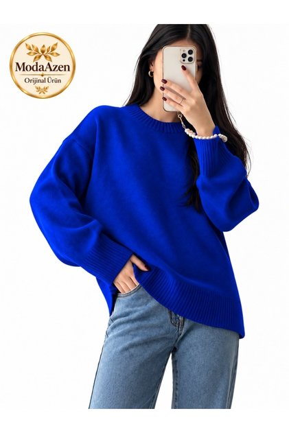 Saks Blue Crew Neck Oversize Women's Knitwear Sweater