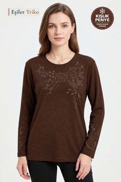 Women's Brown Winter Peony Pattern Collar and Sleeve Embroidered, Stoned Clover Fabric Mother Combed Cotton Blouse