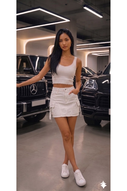 Pocketed white mini skirt with side pockets and effect detail
