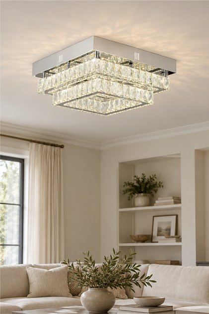 Modina 2 Katlı Krom Ledli 3 Renkli 70 Watt Kristalli Taşlı Modern Tasarım Led Kristal Salon Avize
