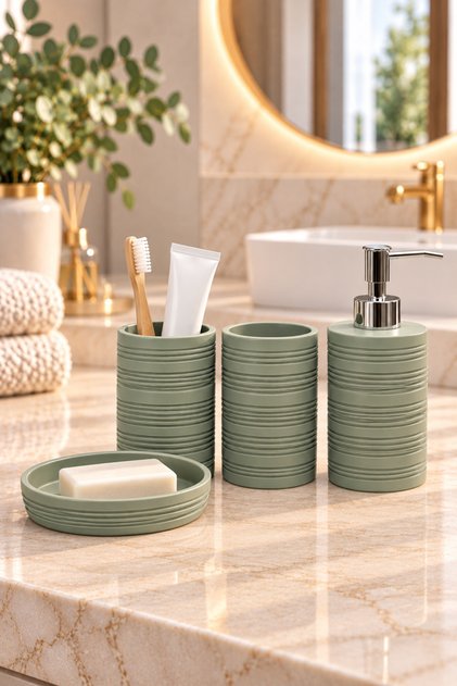 Reçine 4'lü Banyo Seti - Sıvı Sabunluk, Diş Fırçalık, Çok Amaçlı Kap, Sabunluk - Modern Dokulu Banyo Aksesuar Seti SU YEŞİLİ