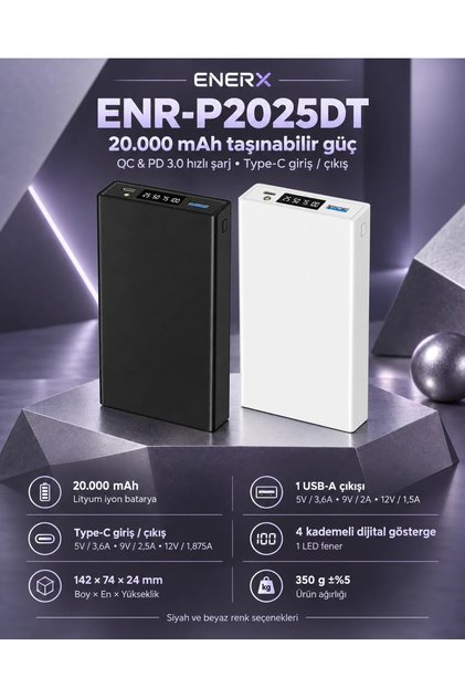 Powerbank 20000 mAh 22.5 Watt Led Göstergeli ENR-P2025DT Beyaz