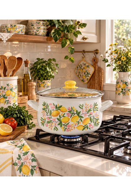 Lemon Flower Enamel Pot 6 Liters 26 cm Milk Yogurt Soup Pot