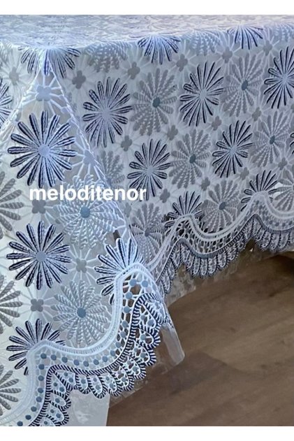 Transparent Overlay Motif Lacework Look Small Daisy Floral Pattern Wavy Scalloped Edge Square Pvc Oilcloth Tablecloth