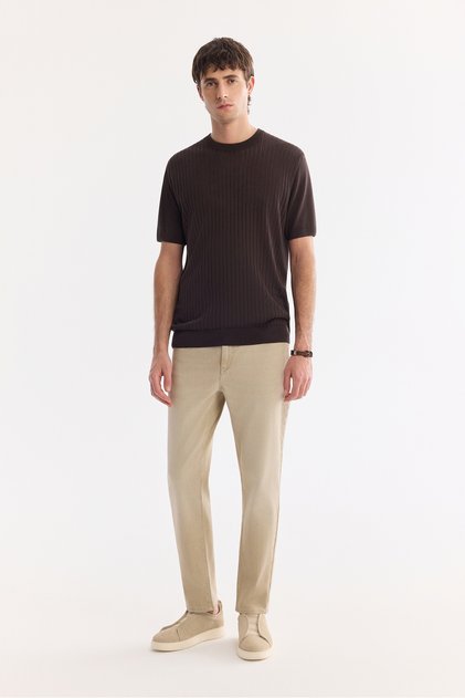 Men's Beige Vintage Washed Cotton Elastane Comfort Fit Jean Trousers A61Y3506