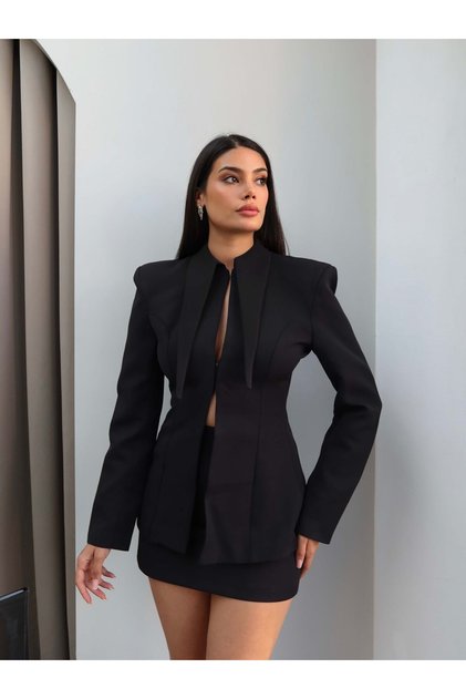 Collared Scarf Jacket Skirt Set