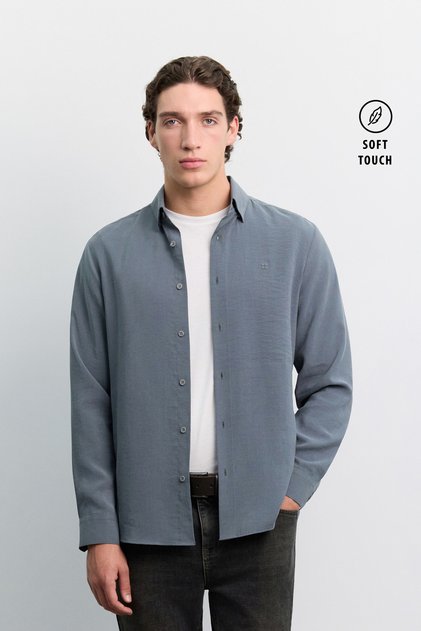 Men's Indigo Bottom Britli Collar Soft Touch Long Sleeve Comfort Fit Shirt A62Y2021