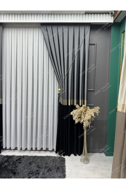 Panel Backdrop Curtain Azra Luxury Gray Gold Black Blackout Backdrop Curtain Tulle Curtain Sunshade Dense Pleated Single Panel