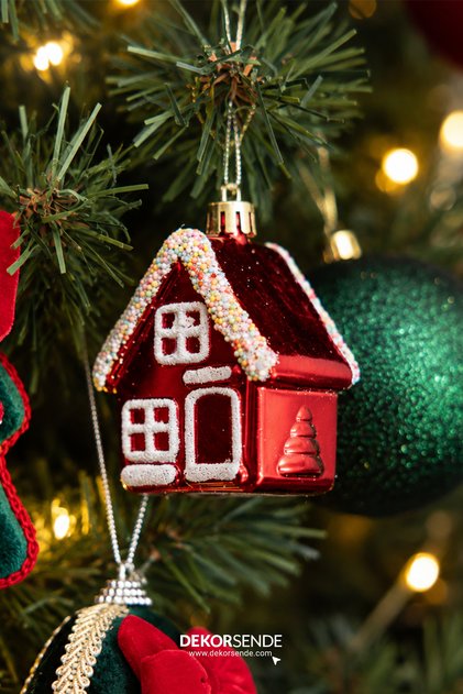 New Year's Decorative Candy 4-Piece Roofed House Tree Ornament Red 5 cm