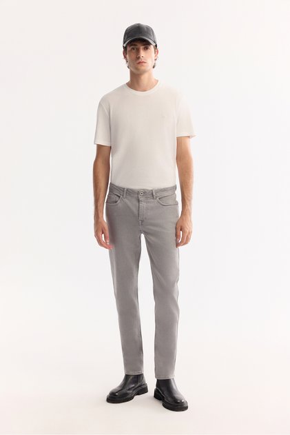 Men's Gray Classic Waist Piece Dye Cotton Washed Berlin Slim Fit Jean Pants A52Y3509
