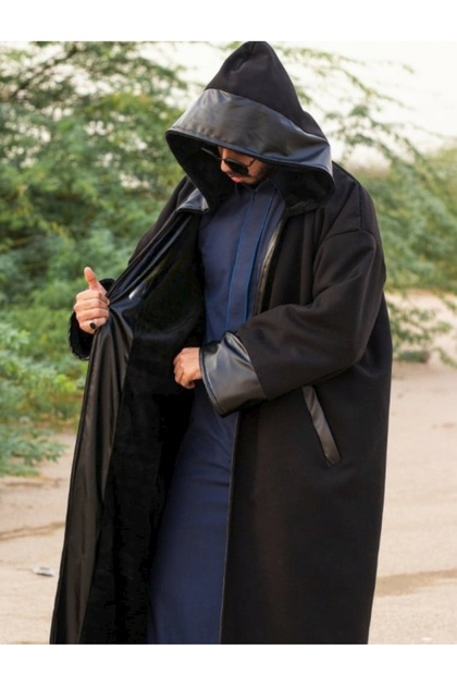 Men's black wool fur coat with a classic black leather design
