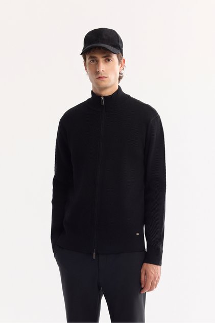 Men's Black Stand Collar Zippered Cotton Soft Touch Textured Regular Fit Cardigan A52Y5181