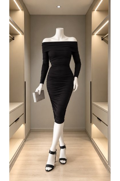 Rochie de seară din țesătură Sandy elastică, lungime midi, croială creion, decolteu fără bretele, mâneci lungi 582724 NEGRU