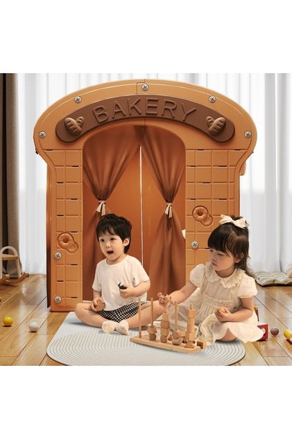Casuta de joaca pentru copii Brown Bakery, iluminata, intrare eleganta cu perdelele