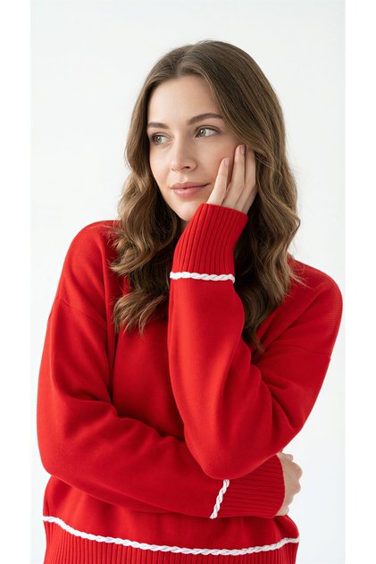 Women's Knitwear Soft Oversized Crew Neck Ribbed Hair Braid Detailed Homy Sweater Christmas Sweater