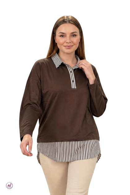 Women's coffee inner shirt collar removable striped garnished new season crystal lycra fabric blouse