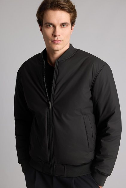 Men's Black Water Repellent Slim Fit Slim Fit College Collar Zippered Pocket Lined Bomber Jacket