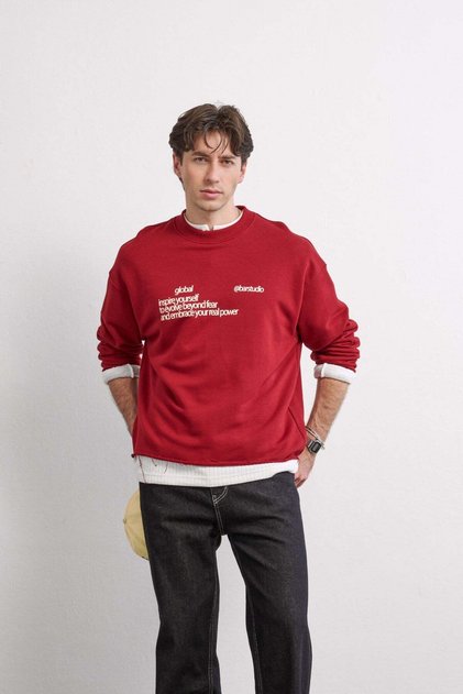 Men's Boxy Fit Letter Printed Crew Neck Sweatshirt Red
