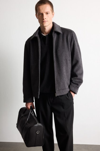 Regular Fit Polo Collar Lined Zippered Cashmere Coat H2629Ax26Au