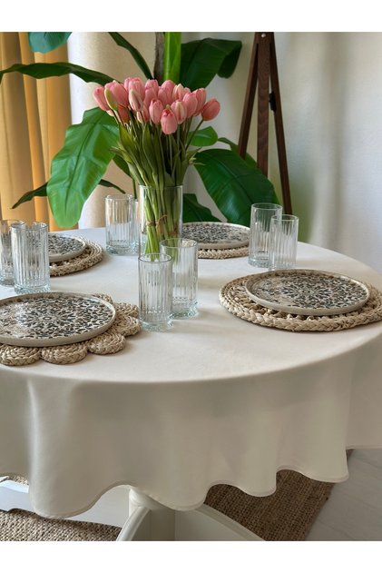 İnci Dertsiz Ecru Round Tablecloth
