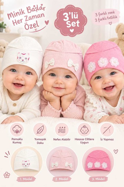 3 ADET AKSEUAR`LI ÇOCUK PENYE BERE 1-3 YAŞ ŞAPKA