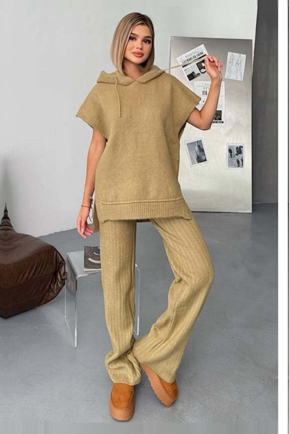 Hooded Sleeveless Knitwear Set - Khaki