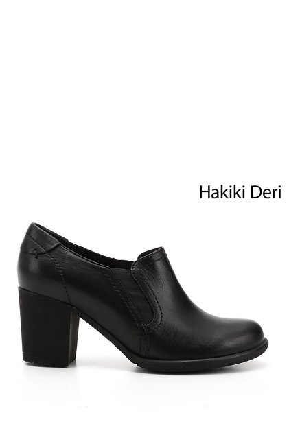 Kadın Siyah Orta Kalın Topuklu Hakiki Deri Ayakkabı