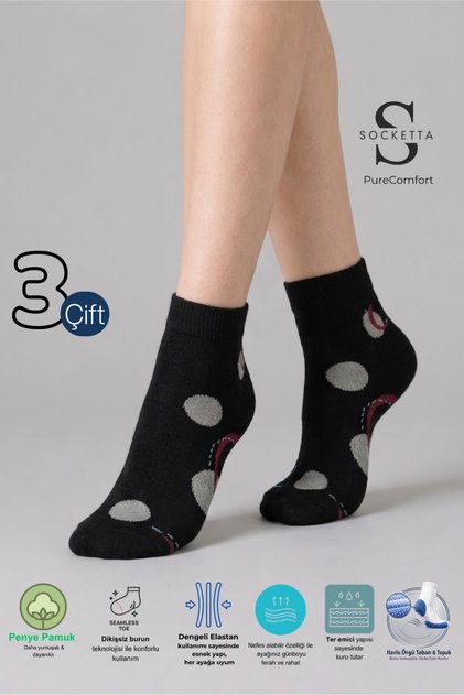 3-Piece Black Women's Cotton Patterned Seamless Towel Sole Booties Socks - Premium