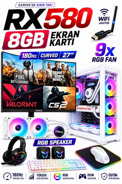 N153 (PUBG,GTA5 ) I7 2600,16GB RAM,512GB SSD,8GB RX580 27''180hz Curved Sıvı Soğutmalı Oyuncu Masaüstü Bilgisayar
