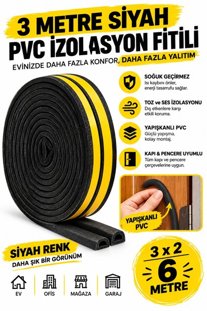 Siyah Kapı Ve Pencere Soğuk İzolasyon Bandı Fitili Kendinden Yapışkanlı Kauçuk Yalıtım Bant 3 Metre