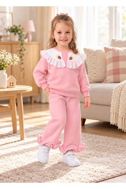 Girl's Lace Collar Strawberry Embroidered Tracksuit Set for Ages 1,2,3,4