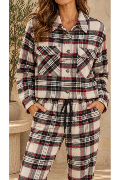 Women's Plaid Patterned Pocket Detailed Shirt and Jogger Trousers Two-Piece Set Ecru Black Red