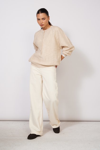 Buttoned Knit Sweater with Sewing Details Stone