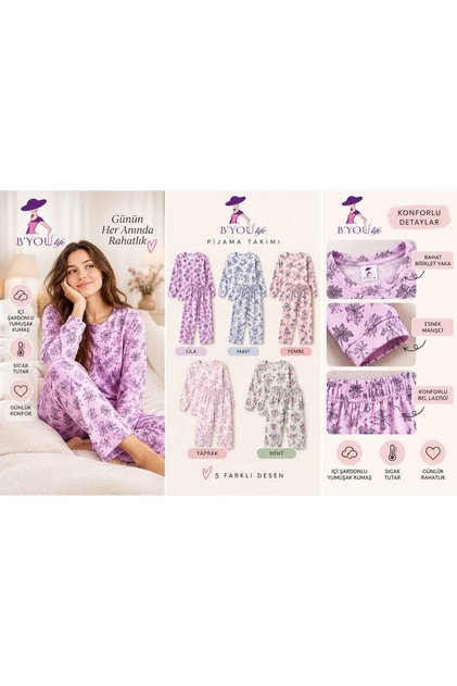 Patterned, Soft Fabric Women's Pajama Set with Ribbon Inside