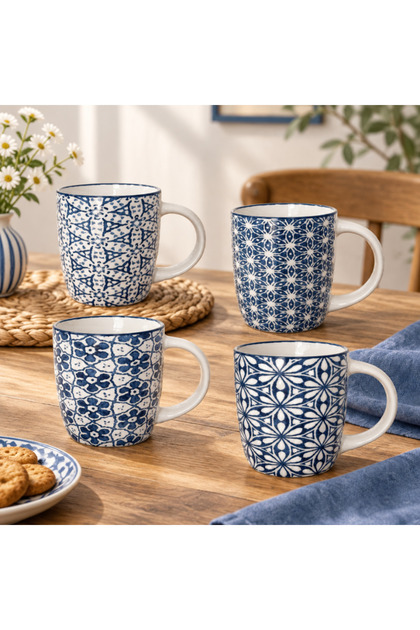 Cana ceramică alb-albastru cu imprimeu geometric floral, volum 400ml, design artizanat, cană pentru cafea și ceai, model livrat aleatoriu