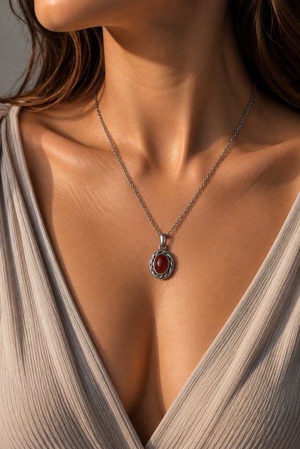 Burgu Model Gümüş Renk Çelik Kolye Kahverengi Akik