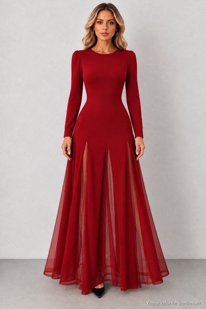 Night Glow – Women's Crew Neck Long Sleeve Multi-Slit Look Tulle Detailed Black Maxi Crepe Evening Dress