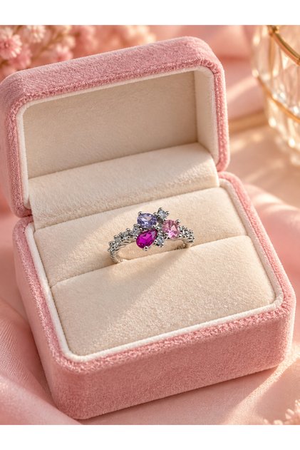 Silver Color Women's Ring with Colorful Zircon Stone Flower Design – Elegant and Sparkling Model
