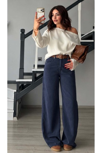 Navy blue elastic waist tencel jeans
