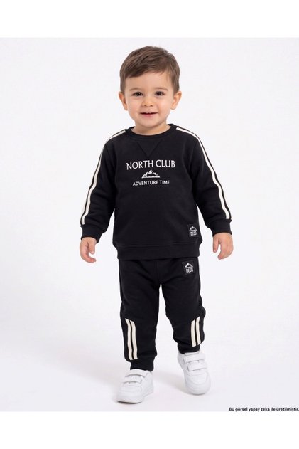 Boys' Winter 3-Thread Ribbed Print Detailed Thick Tracksuit Set for Ages 2-3-4-5-6
