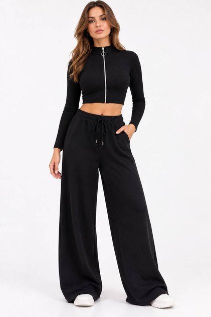 betty shop siyah fermuarlı fittilli crop bluz uzun kollu dik yaka kadın üst