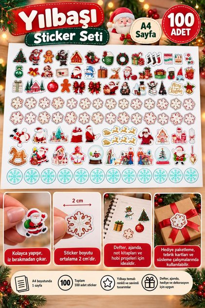 Yılbaşı Temalı Sticker Seti 100 Adet A4 – Noel Baba, Kar Tanesi, Çam Ağacı ve Hediye Süsleme Etiketleri