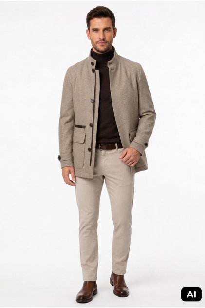 Beige Regular Fit Comfortable Fit Stand Collar 60% Wool Double Zipper Closure and Flap Pocket Coat