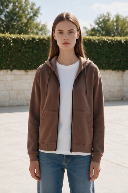 Women's Brown Hooded 3-Thread Fleece Zippered Sweatshirt Jacket