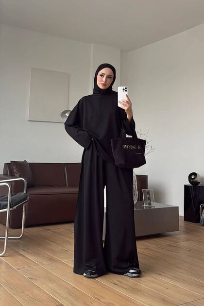 Women's Black Hijab Oversized Tunic and Wide-Leg Pants Two-Piece Set Nms106