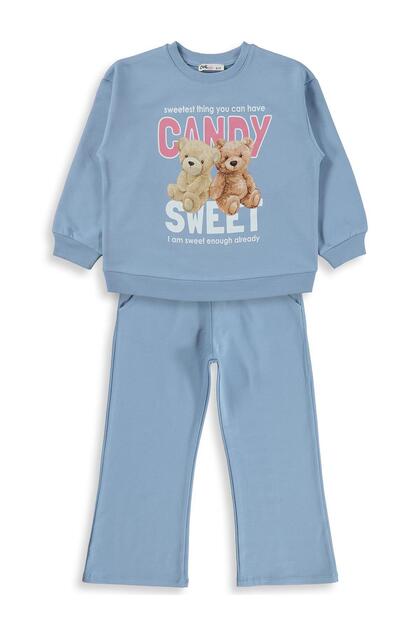 Teddy Bear Printed Tracksuit Set for 6-9 Years Old - Blue