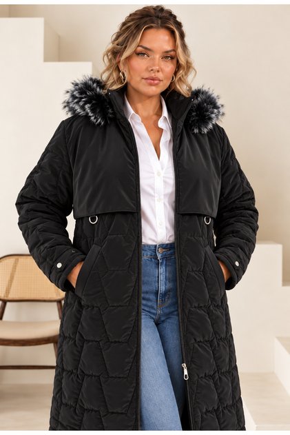 Women's Plus Size Removable Hooded Lined Inside with Detailed Front Panel and Pockets Winter Thick Long Puffer Coat 25061