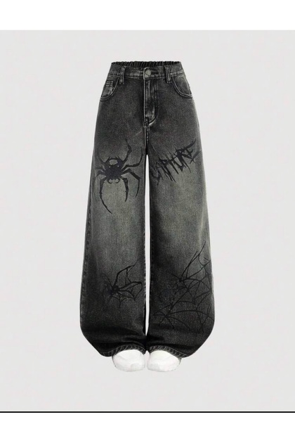 Y2K Unisex Stonewashed Spider Printed Baggy Jean Pants